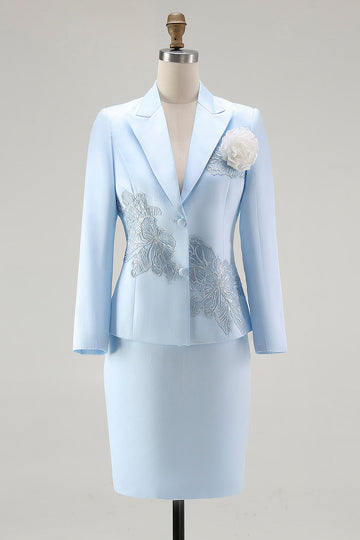 Blue 2-Piece Satin Mother of the Bride Dress With Embroidery